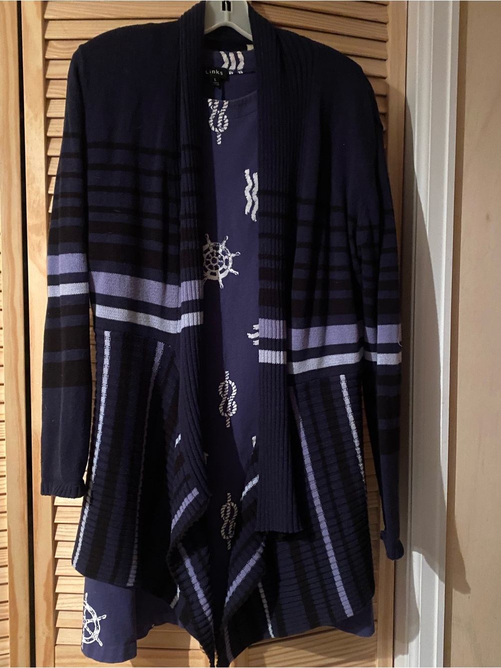Links Golf Dress with Matching Navy and Lilac Striped Open-Front Sweater